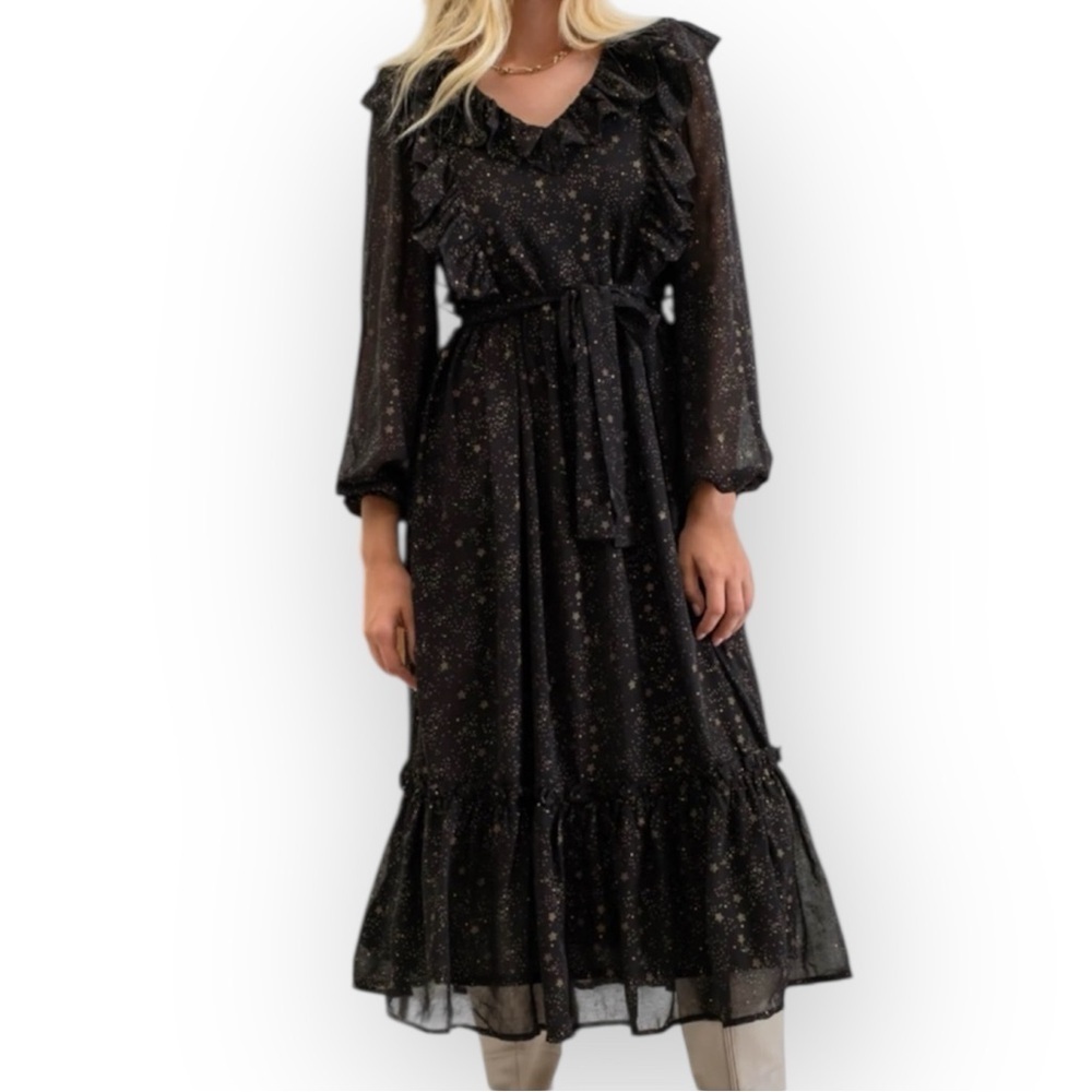 Moon River Black Midi Dress XS Gold Star Party Cocktail Long Sleeve NO BELT